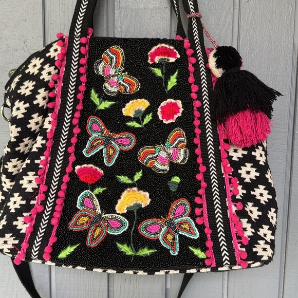 America and Beyond Butterfly Embroidered Black and Pink Tote Bag - Picture 4 of 11